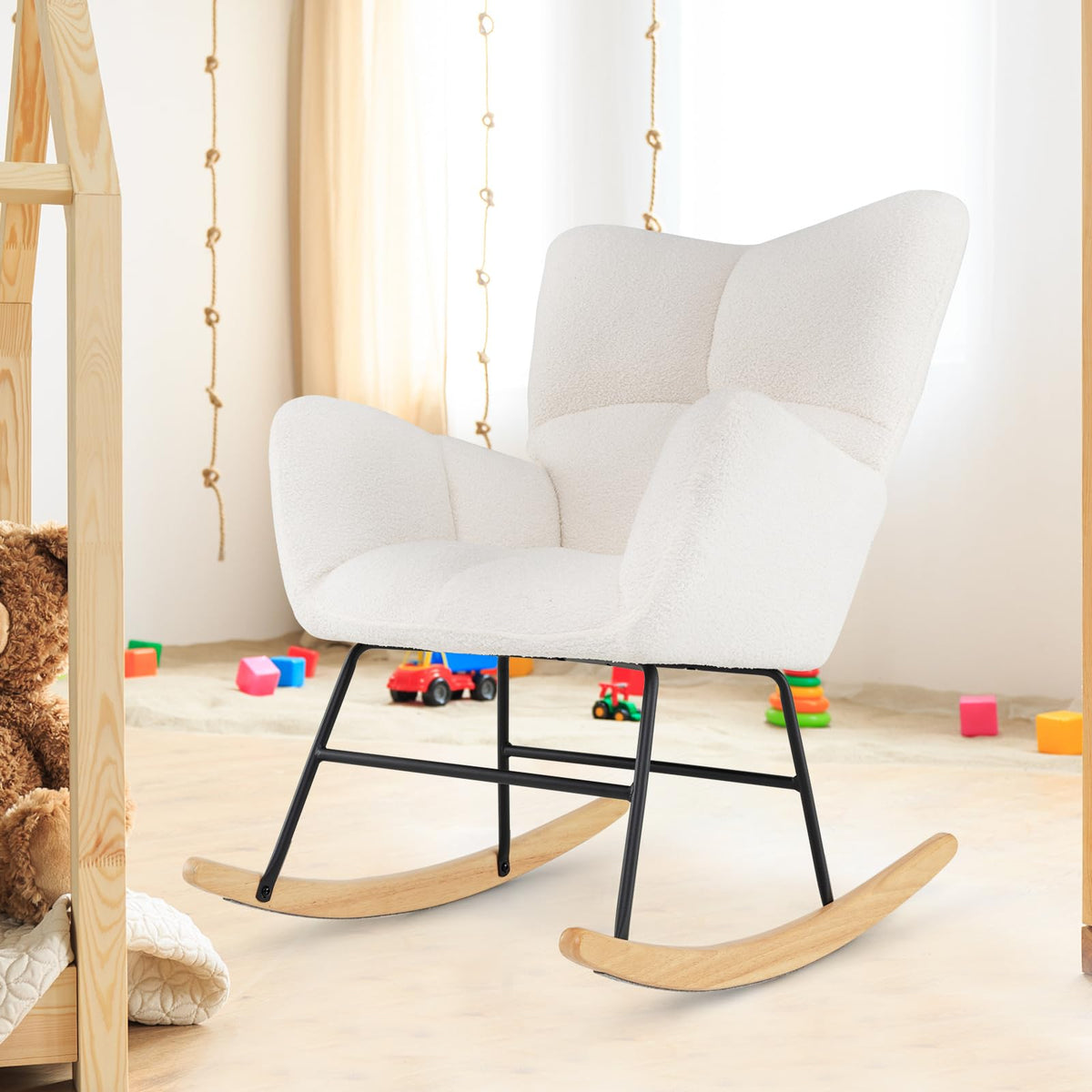 Goflame Rocking Chair Nursery, Teddy Upholstered Glider Rocker Chair w/High Backrest