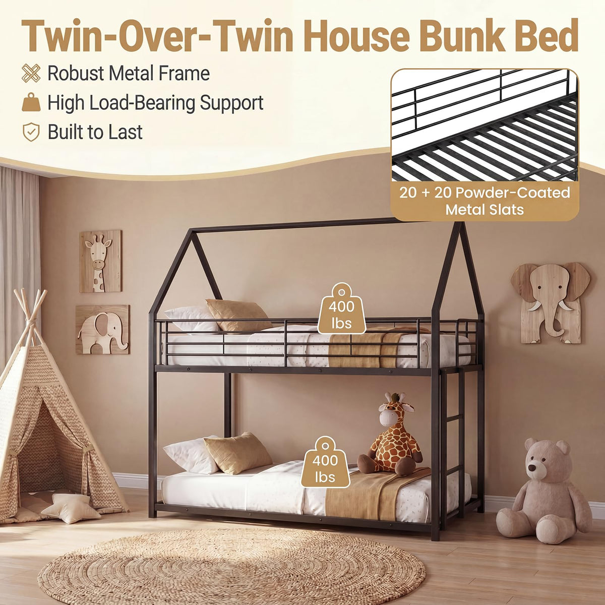 Goflame House-Shaped Twin Over Twin Metal Bunk Bed
