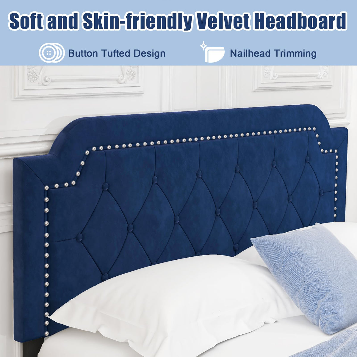 Goflame Velvet Queen Size Bed Frame, Upholstered Platform Bed with Button Tufted & Nailhead Trim Headboard