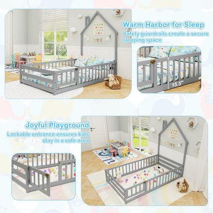 Goflame Twin Floor Bed, House-Shaped Montessori Bed Frame with Headboard, Full-Length Guardrail
