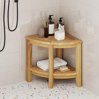 Goflame Corner Shower Stool - Teak Wood Shower Bench Seat with Storage Shelf for Shaving Legs