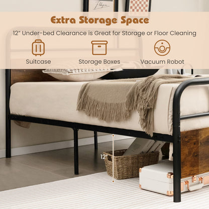 Goflame Full Size Metal Bed Frame with Wood Headboard and Footboard