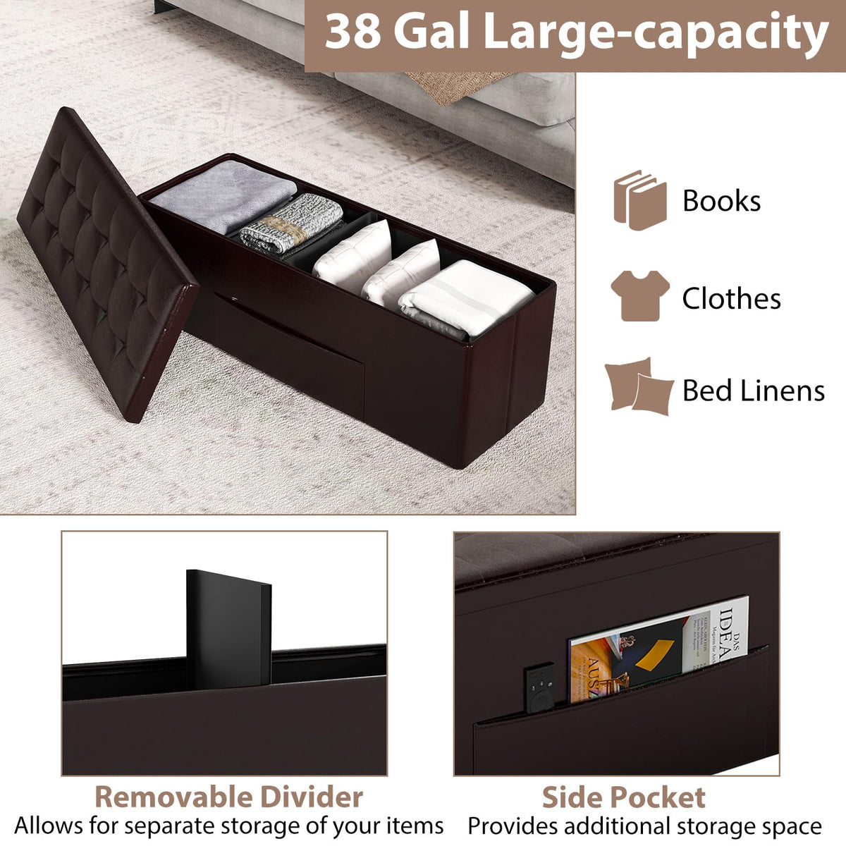 Goflame 43 Inches Folding Storage Ottoman Bench Upholstered PU Leather Storage Chest with Side Pocket