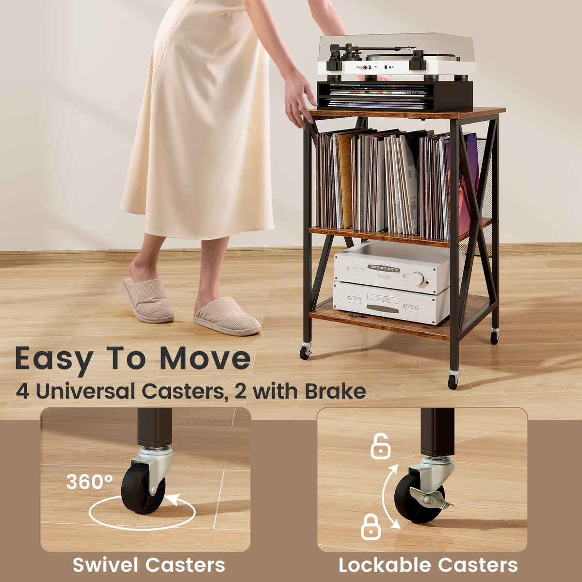 Goflame Record Player Stand with Charging Station, Turntable Stand with Record Storage & 4 Rolling Wheels