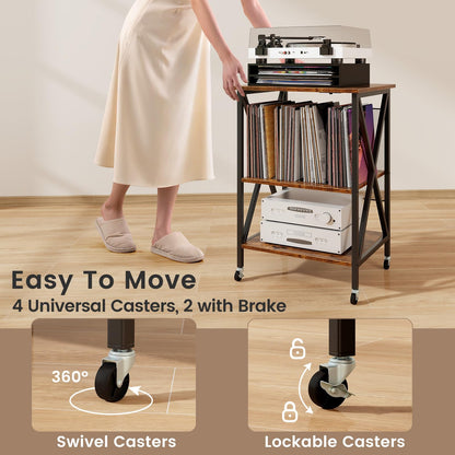 Goflame Record Player Stand with Charging Station, Turntable Stand with Record Storage & 4 Rolling Wheels