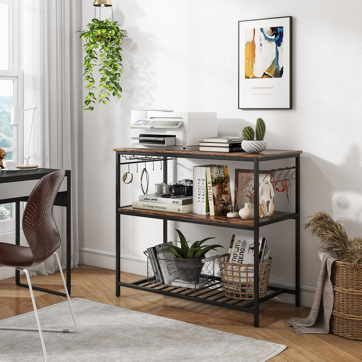 Goflame Kitchen Baker Rack with 3 Tier Storage Shelves, 10 Hooks, Glass Holder, 40" Stationary Island with Spacious Worktop