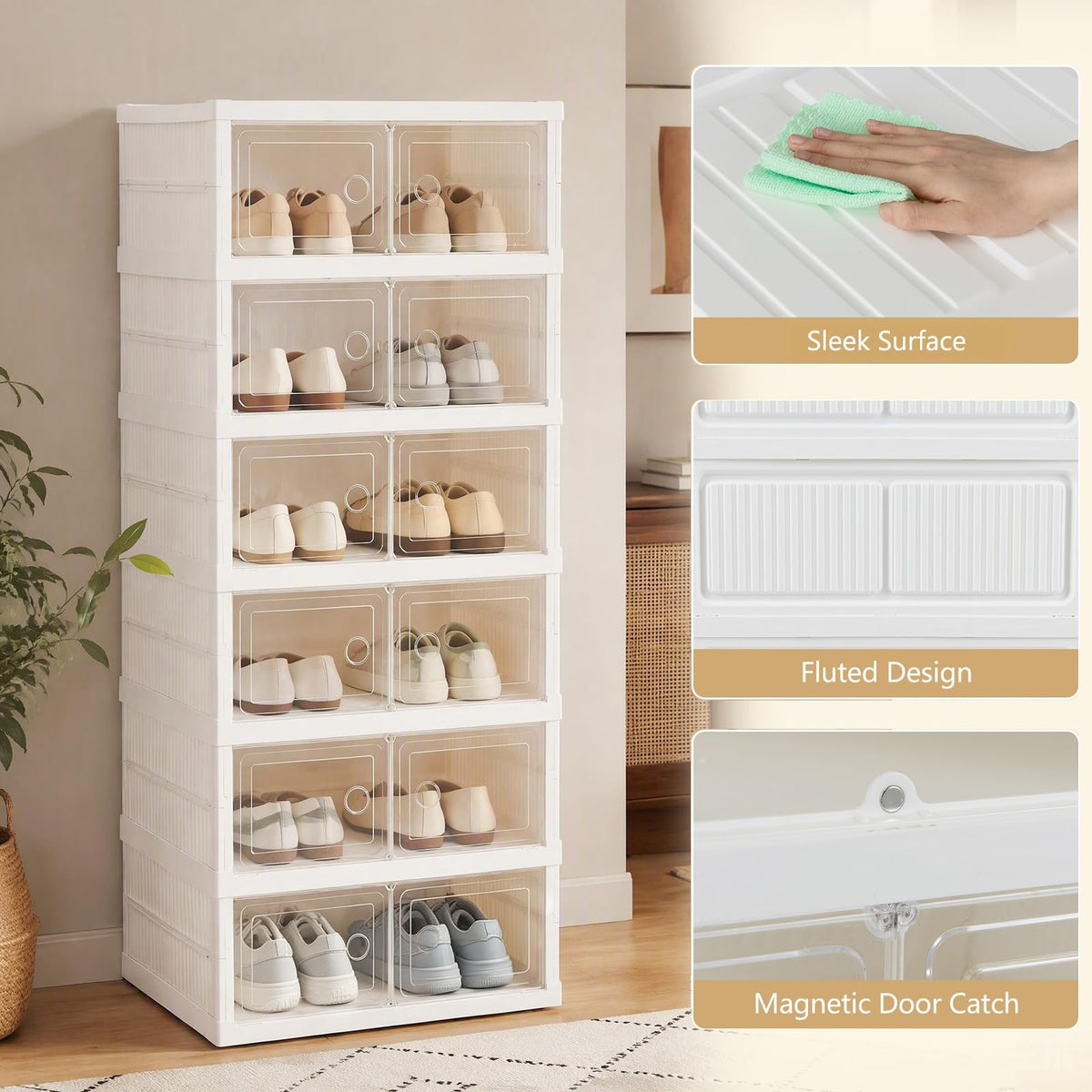 GOFLAME 6-Tier Foldable Shoe Storage Box Fits 12 Pairs No Assembly