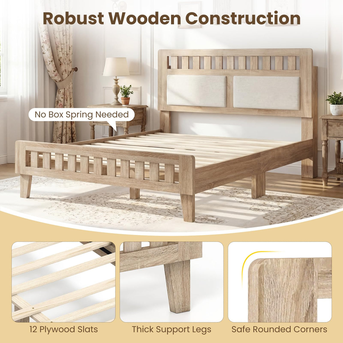 Goflame Mid-Century Wood Bed Frame with Upholstered Headboard (Full/Twin/Queen)