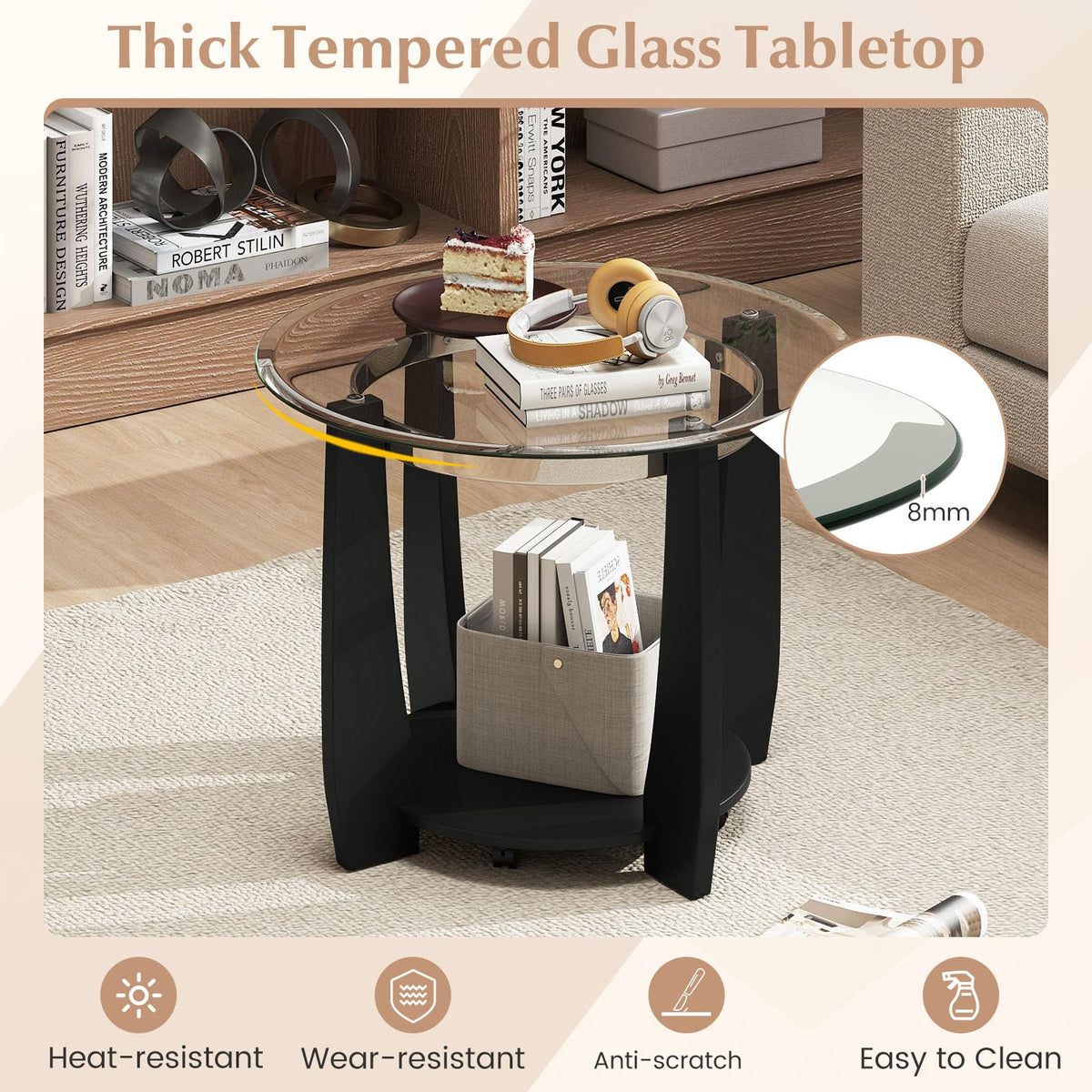 Goflame Round Glass Coffee Table 32" Rolling Center Tables with Wheels