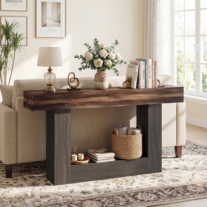 Goflame 63" Farmhouse Console Table | 2-Tier Narrow Entryway Table with Storage Shelf