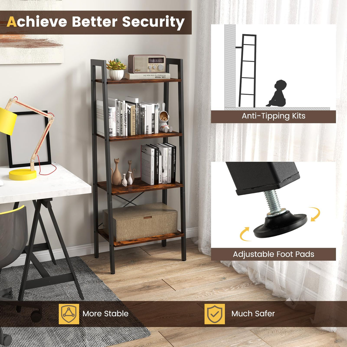 Goflame Industrial 4-Tier Bookshelf, Ladder Bookshelf with Metal Frame, Anti-Tipping Kits