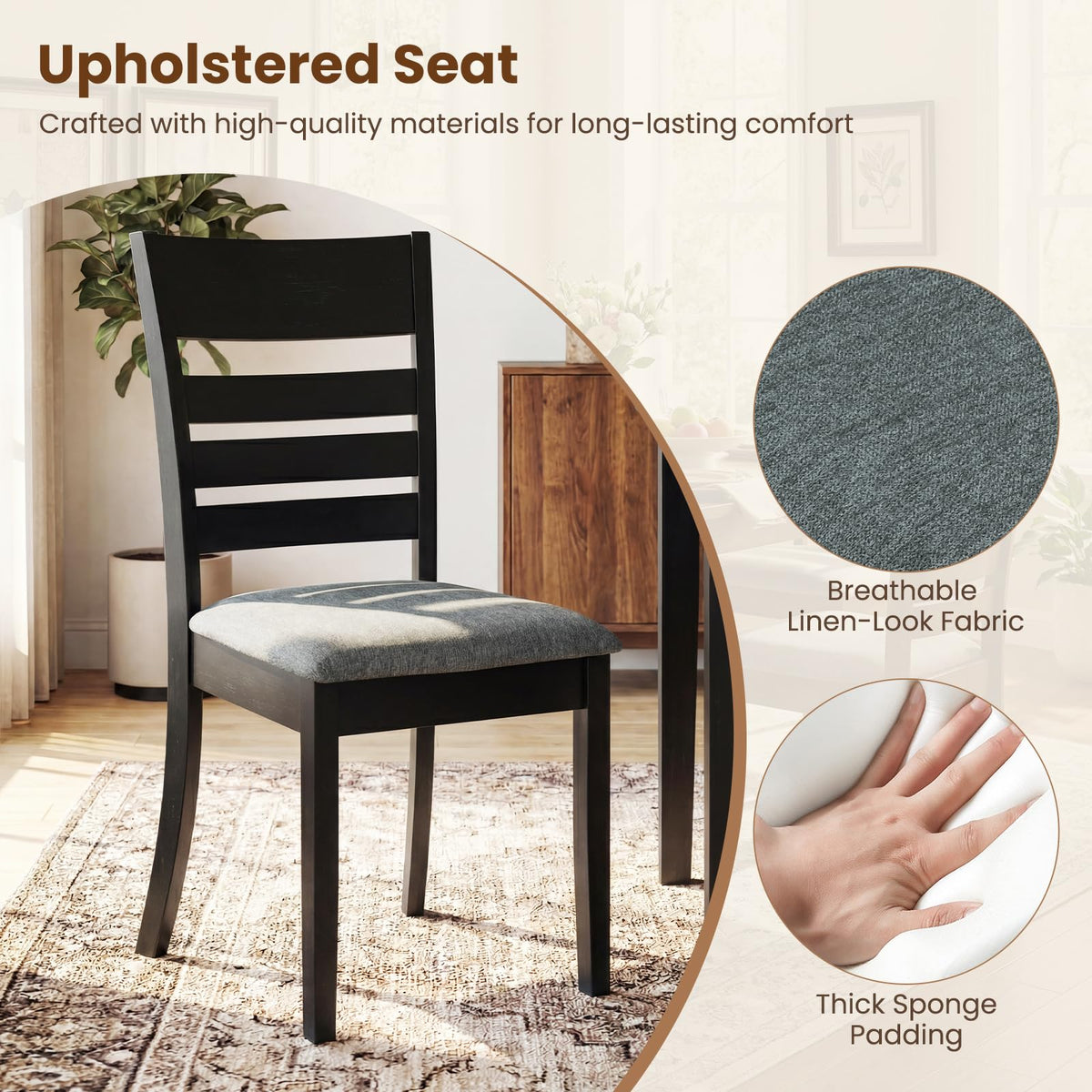 Goflame Wooden Upholstered Kitchen Chair w/Rubber Wood Frame (2/4)