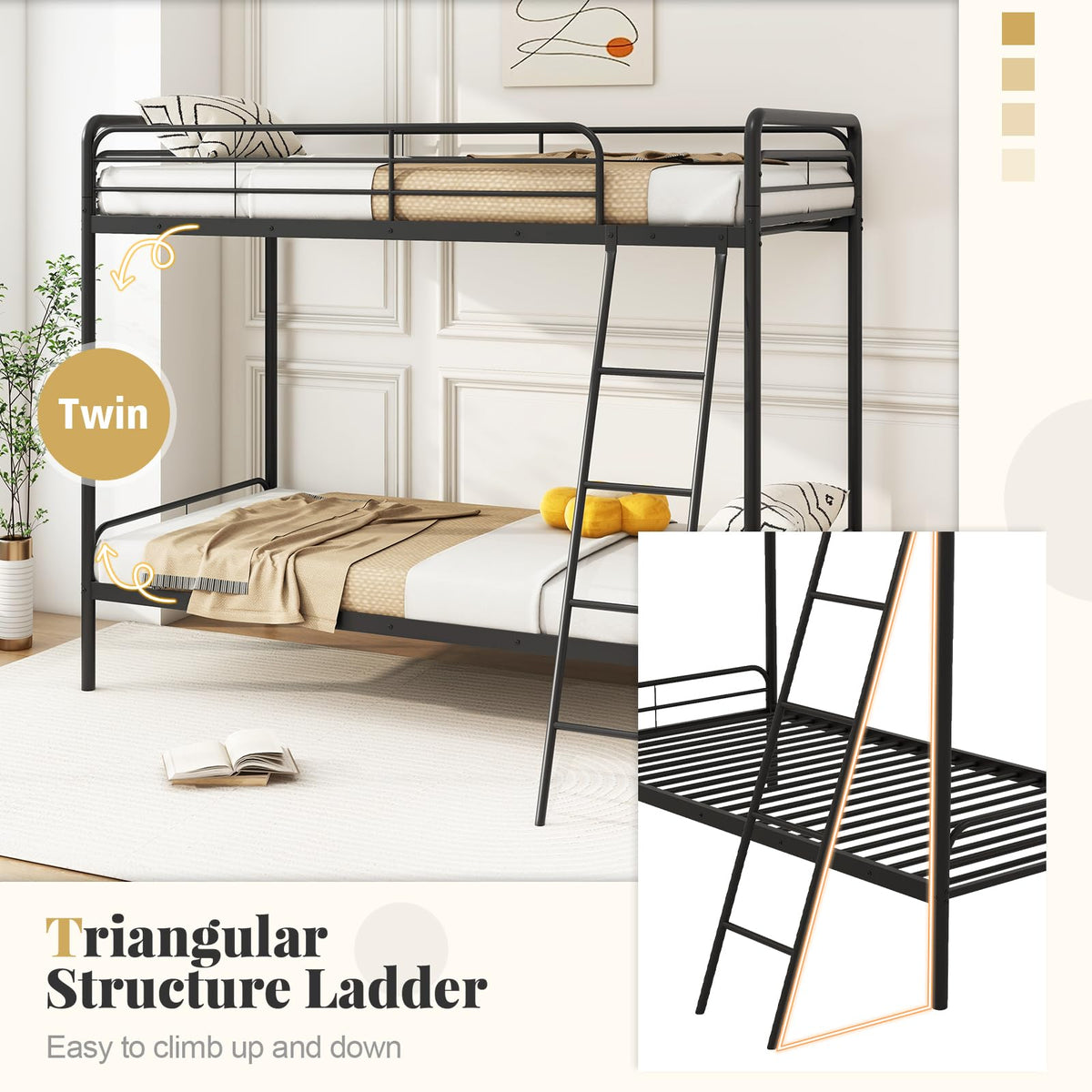 Goflame Metal Bunk Bed Twin Over Twin, Heavy Duty Twin Bunk Beds with Inclined Ladder & Safety Guardrails