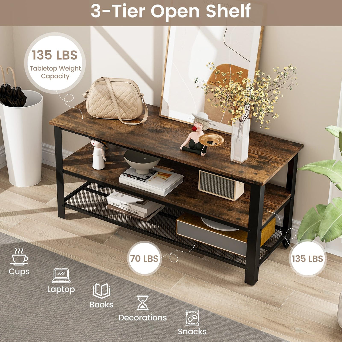 Goflame TV Stand for Bedroom and Living Room - 3-Tier Industrial Entertainment Center with Open Storage Shelves