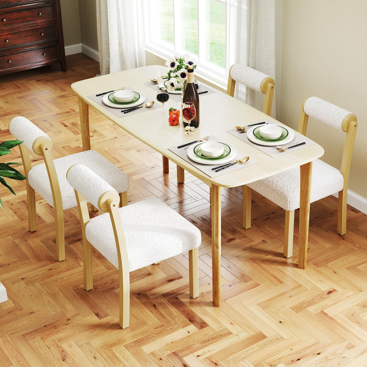 Goflame Wooden Dining Chairs Set of 2/4, Faux Sherpa Upholstered Kitchen Dining Room Chairs w/Rubber Wood Frame