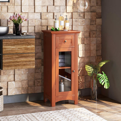 Goflame Small Bathroom Storage Cabinet, Freestanding Narrow Bathroom Cabinet with Single Glass Door, Drawer