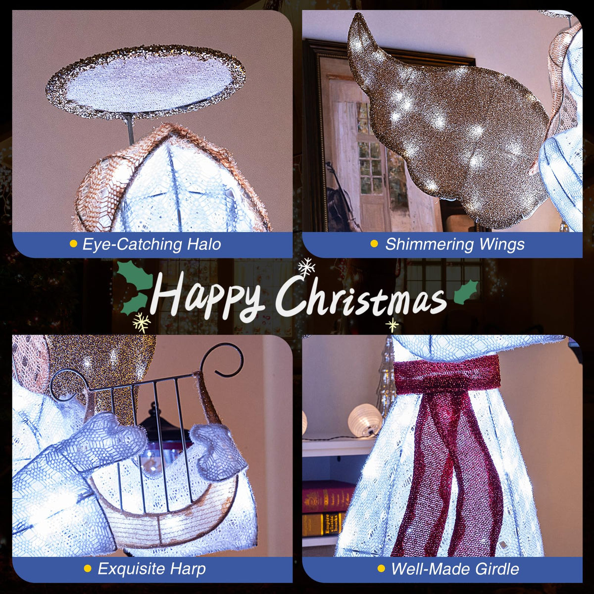 Goflame 5 FT Christmas Lighted Angel, Pre-Lit Winged Holiday Figure Angel with 120 Cold White LED Lights