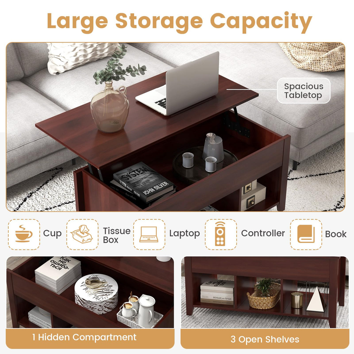 Goflame Lift Top Coffee Table - Rectangular Wooden Table w/Hidden Compartment & Open Storage Shelves