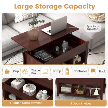 Goflame Lift Top Coffee Table - Rectangular Wooden Table w/Hidden Compartment & Open Storage Shelves