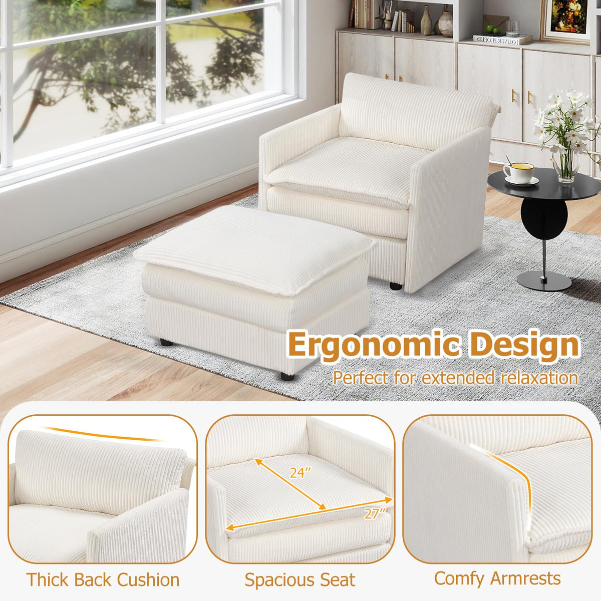 Goflame Oversized Accent Chair with Ottoman with Soft Corduroy Cushions