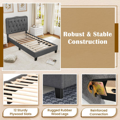 Goflame Twin Size Bed Frame, Modern Linen Upholstered Platform Bed w/ 46" Tall Button Tufted Headboard