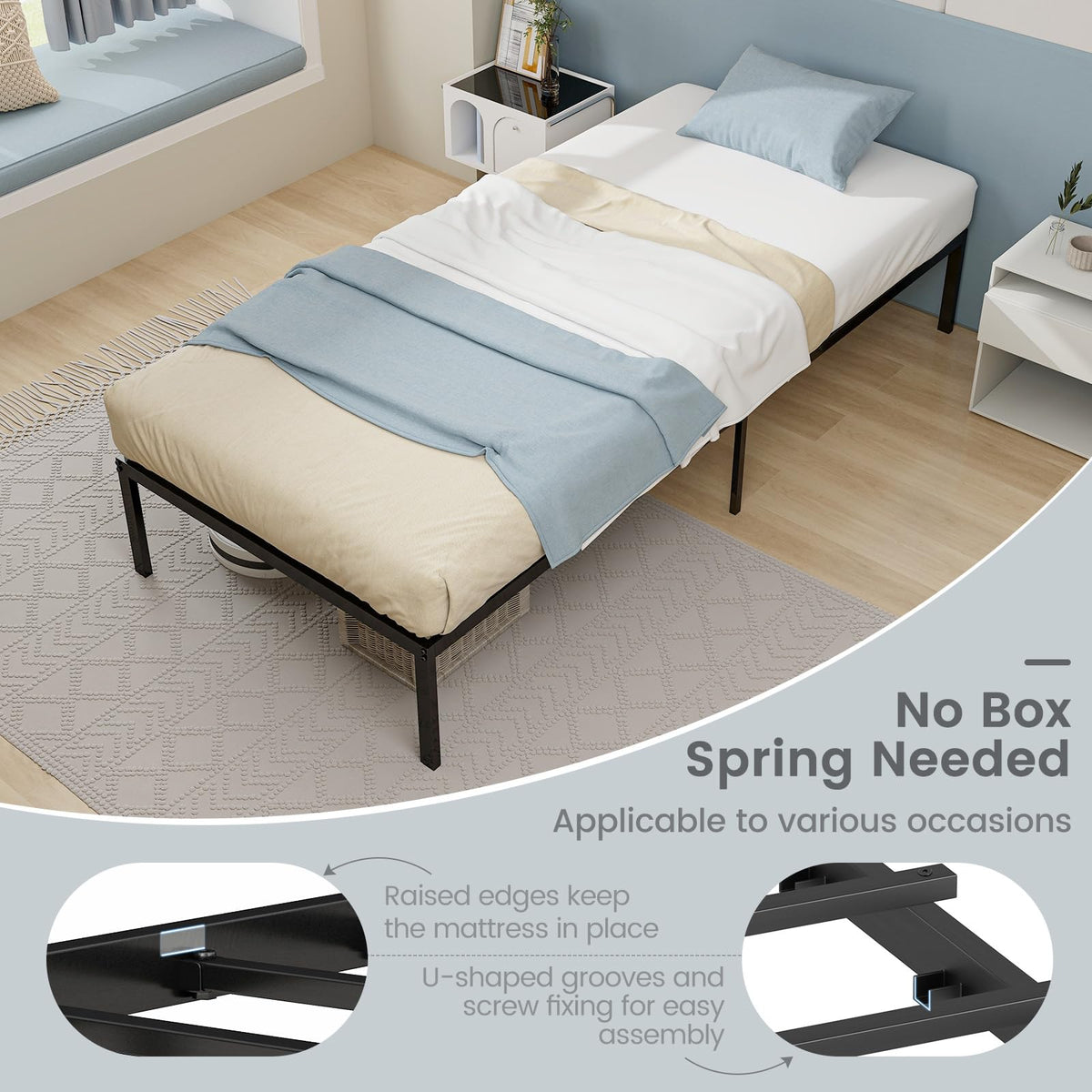 Goflame Twin Bed Frame, 14 Inch Metal Platform Bed with Under Bed Storage Space, Heavy-Duty Steel Slat Mattress Foundation
