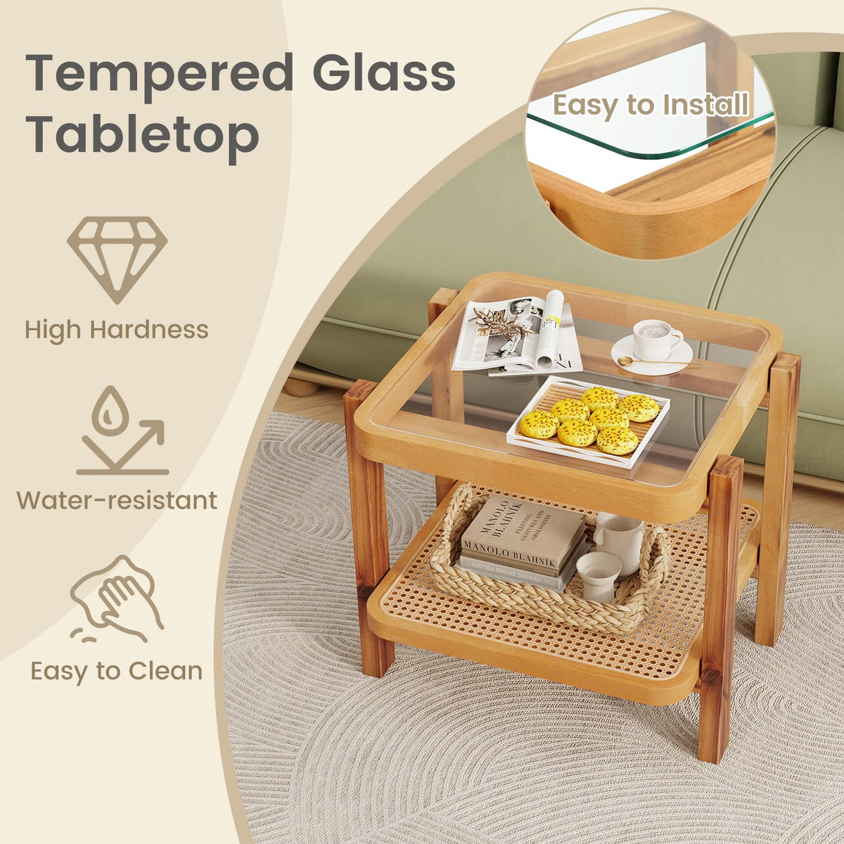 Goflame Rattan Side Table, Boho End Table for Living Room, Narrow Bedside Table with Tempered Glass Top