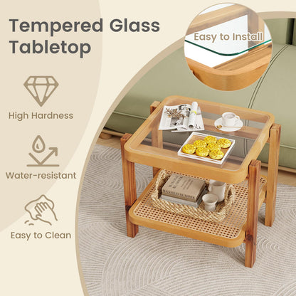 Goflame Rattan Side Table, Boho End Table for Living Room, Narrow Bedside Table with Tempered Glass Top