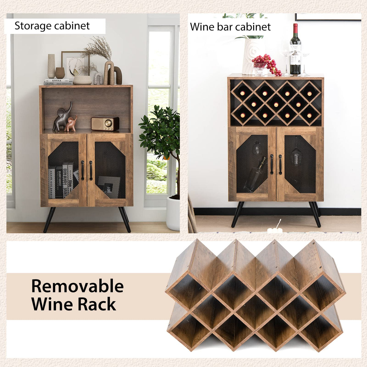 Goflame Farmhouse Buffet Cabinet with Storage, Wine Bar Cabinet 11 Bottles Rack (Brown & Black)