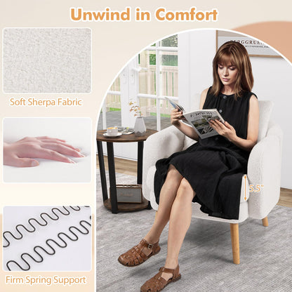 Goflame Sherpa Accent Chair, Modern Upholstered Single Sofa Chair with Back Pillow & Solid Rubber Wood Legs