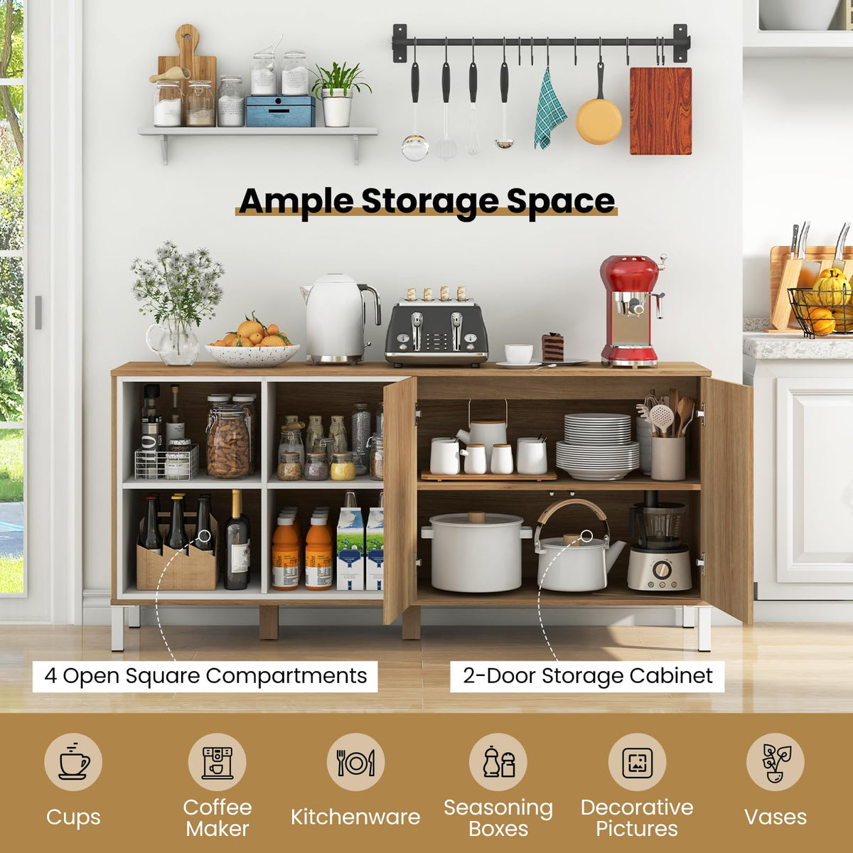 Goflame 63” Buffet Cabinet with Storage, Farmhouse Kitchen Sideboard w/ 4 Cubes, Adjustable Shelves & Pop-up Doors