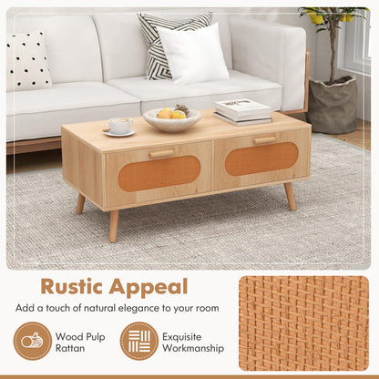 Goflame Rattan Coffee Table, Mid Century Modern Center Table with 2 Storage Drawers & Back Compartment