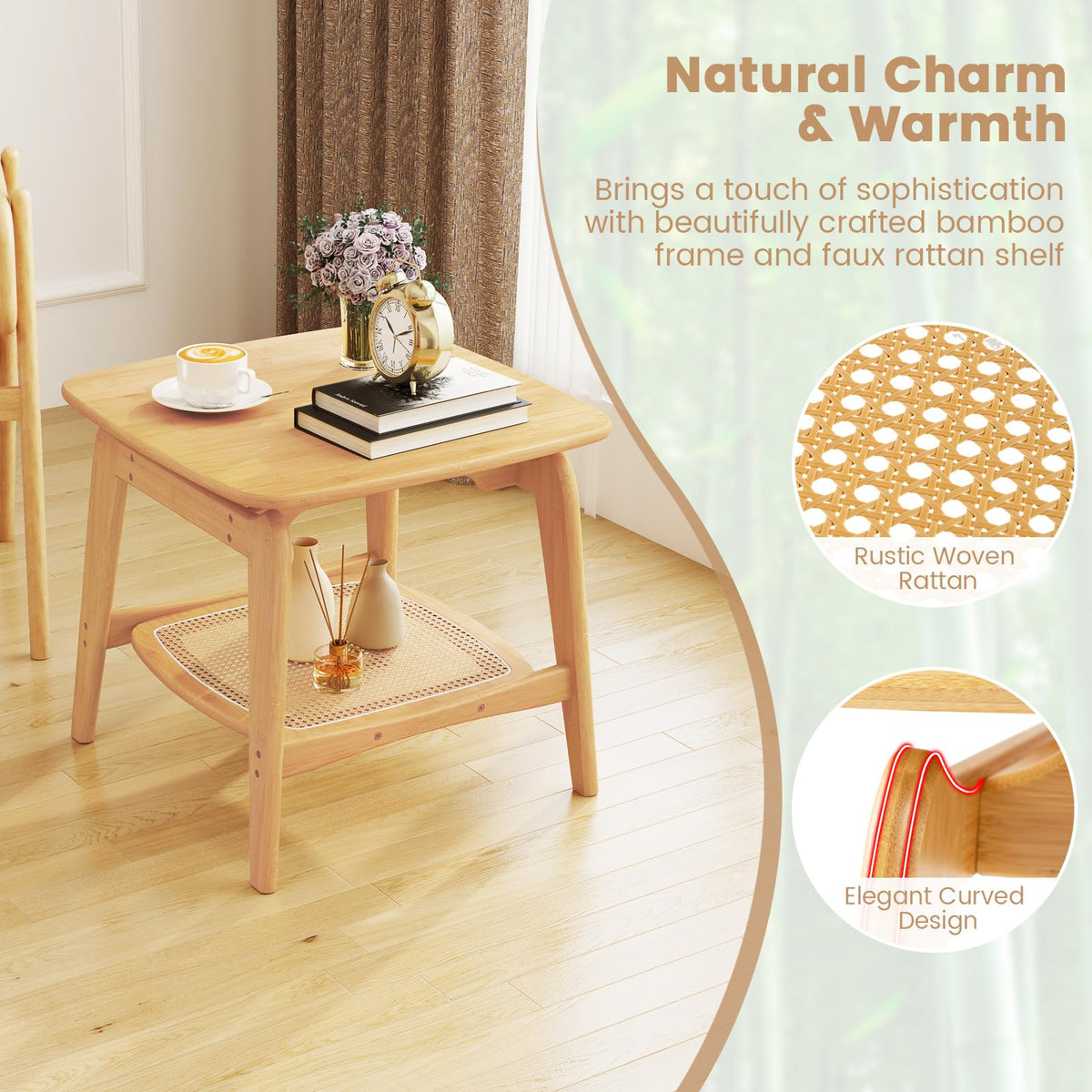Goflame Rattan Side Table, Boho End Table with Storage Shelf, 2-Tier Bedside Table for Small Spaces