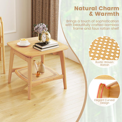 Goflame Rattan Side Table, Boho End Table with Storage Shelf, 2-Tier Bedside Table for Small Spaces