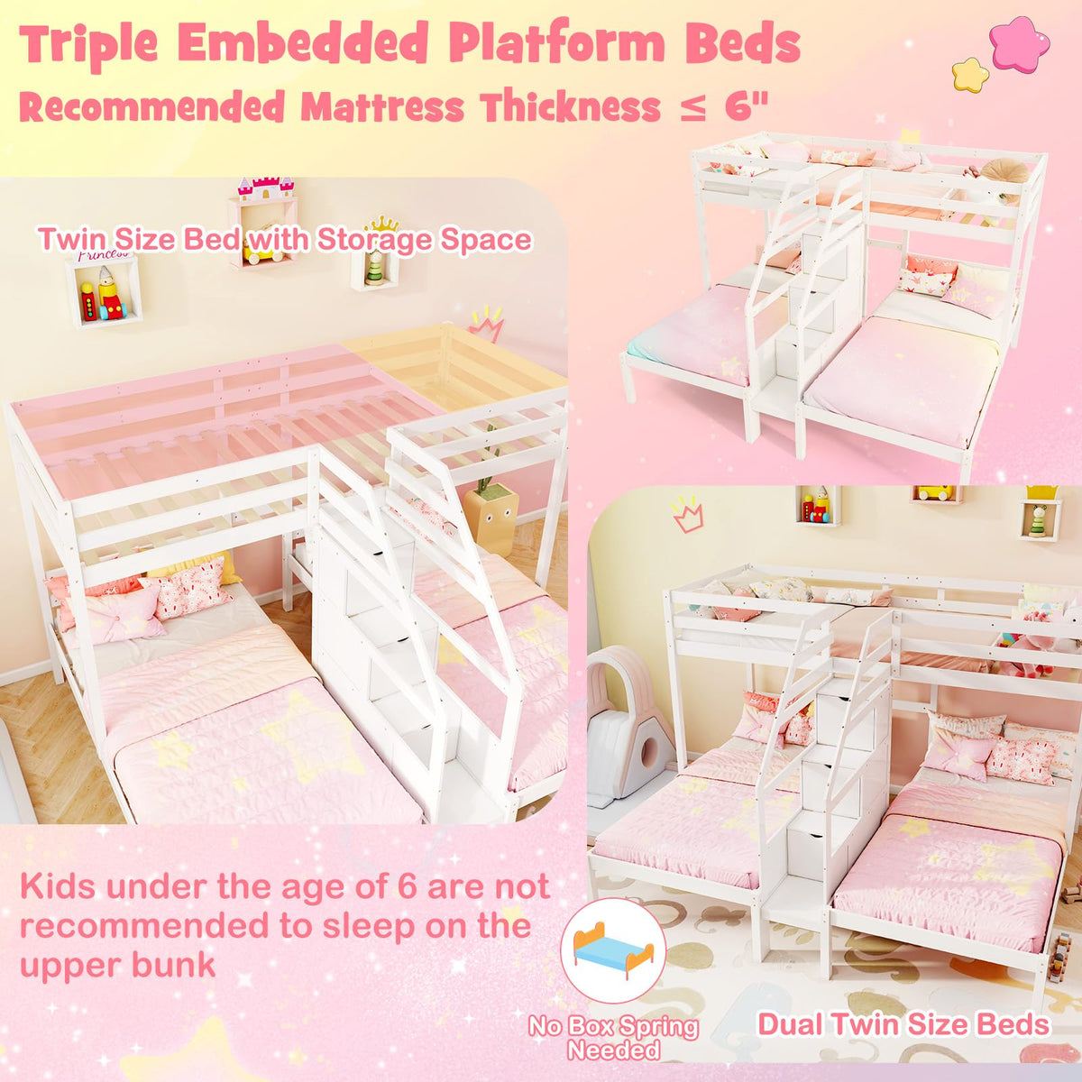 Goflame Twin Over Twin & Twin Bunk Bed, Triple Bunk Beds with 4-Step Storage Stair, Wooden 3 Bunk Beds for Kids Teens