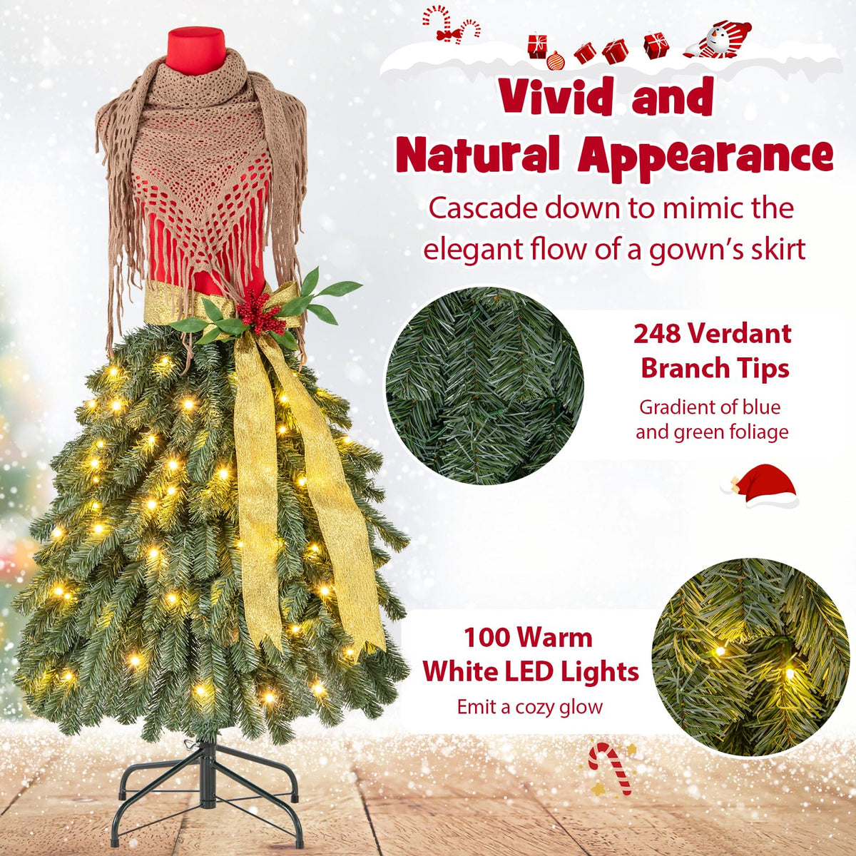 Goflame 5ft Pre-Lit Dress Form Christmas Tree with Female Mannequin Torso & Scarf