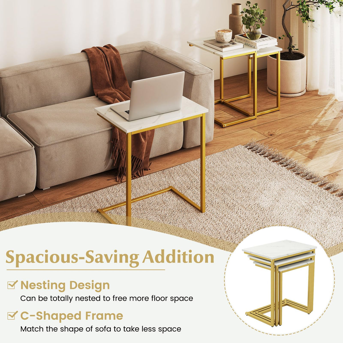 Goflame Nesting Coffee Table Set of 3 Stackable Square End Table w/Faux Marble Tabletop & Heavy-Duty Metal Frame