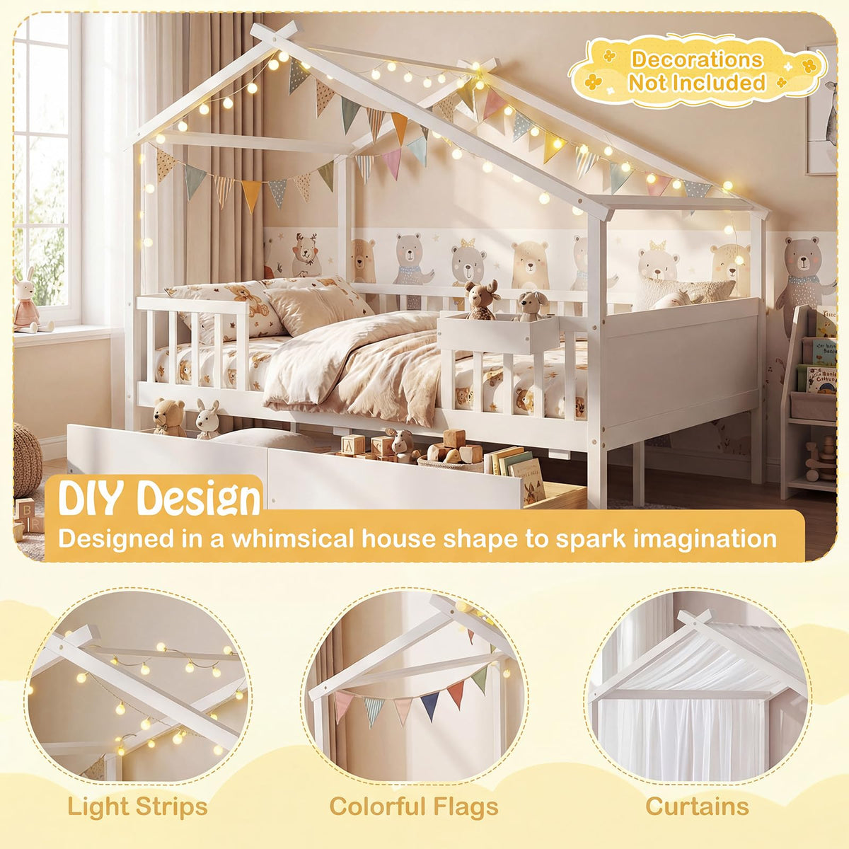 Goflame Full Size House Bed with Roof and Fence Rails for Kid