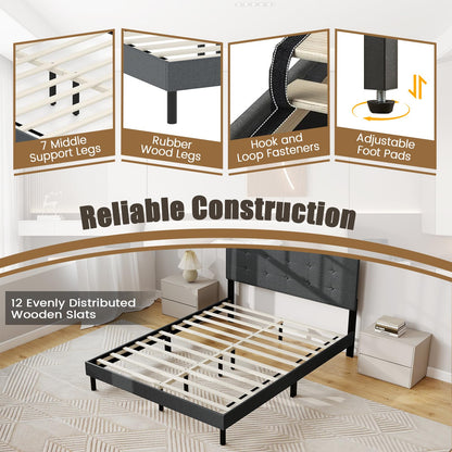 Goflame Queen Bed Frame Linen Upholstered Platform Bed with Button Tufted Headboard