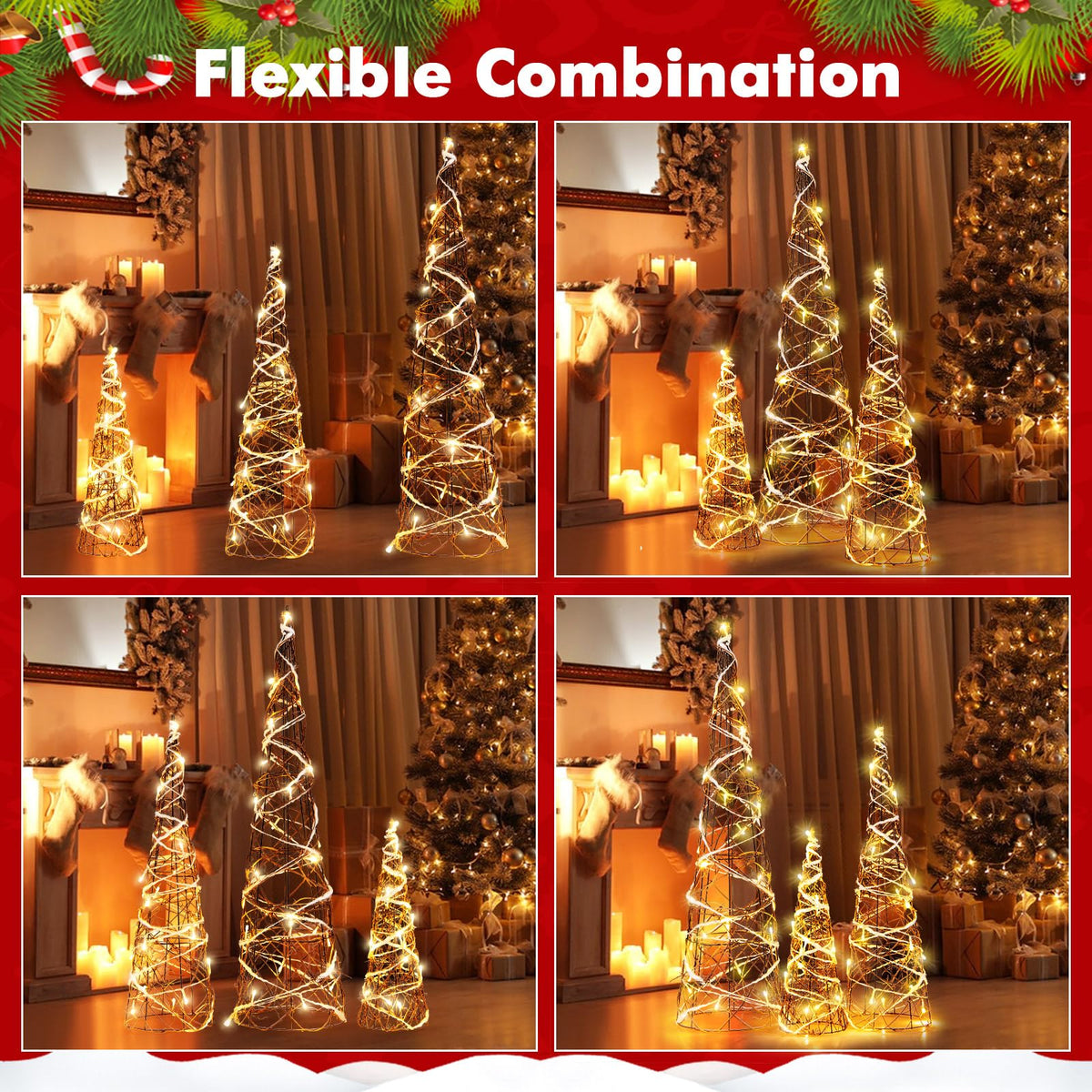 Goflame Set of 3 Large Christmas Cone Trees, 32” 24” 16” Indoor Christmas Trees w/Warm White LED Lights