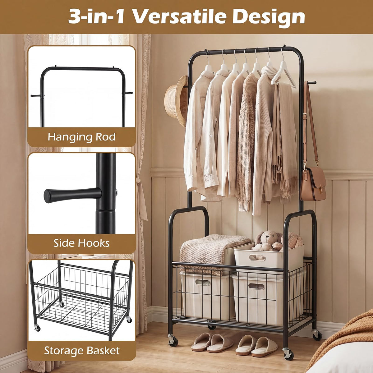 Goflame 35" Clothes Rack with Storage Basket & Lockable Wheels