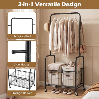 Goflame 35" Clothes Rack with Storage Basket & Lockable Wheels