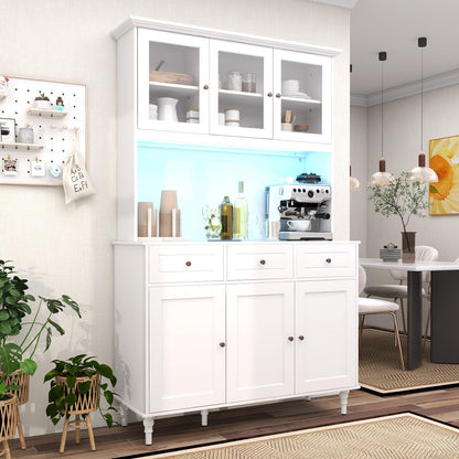 Goflame Pantry Cabinet, 77” Tall Buffet Cabinet with Hutch, LED Lights & Charging Station