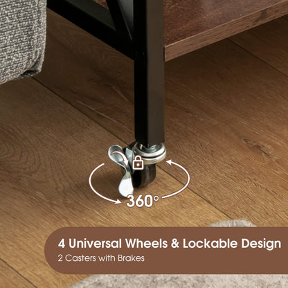Goflame Record Player Stand, Vinyl Record Storage Table w/ 3 M-shaped Dividers & 4 Rolling Wheels, Rustic Brown