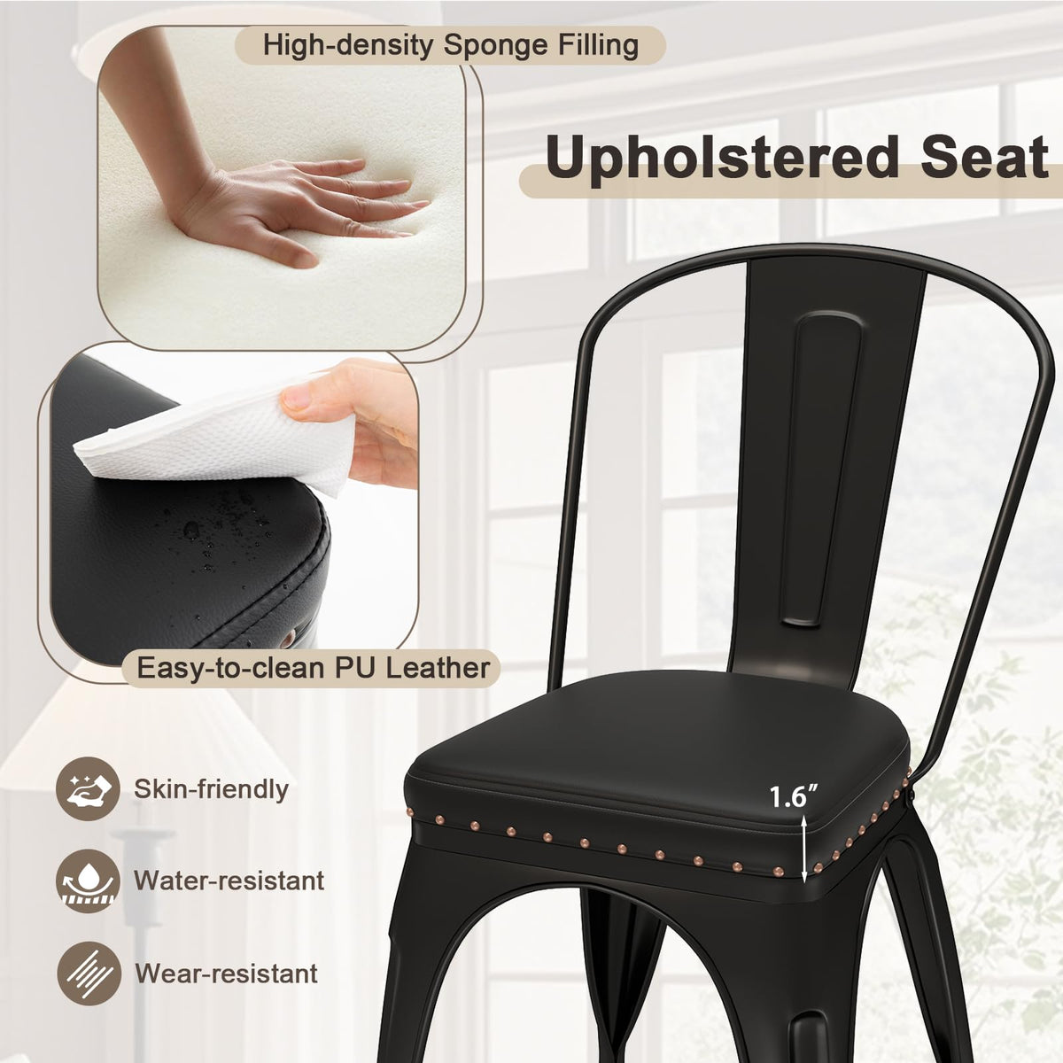 Goflame Metal Dining Chairs Set of 4 with Detachable Backrest & PU Leather Padded Seat
