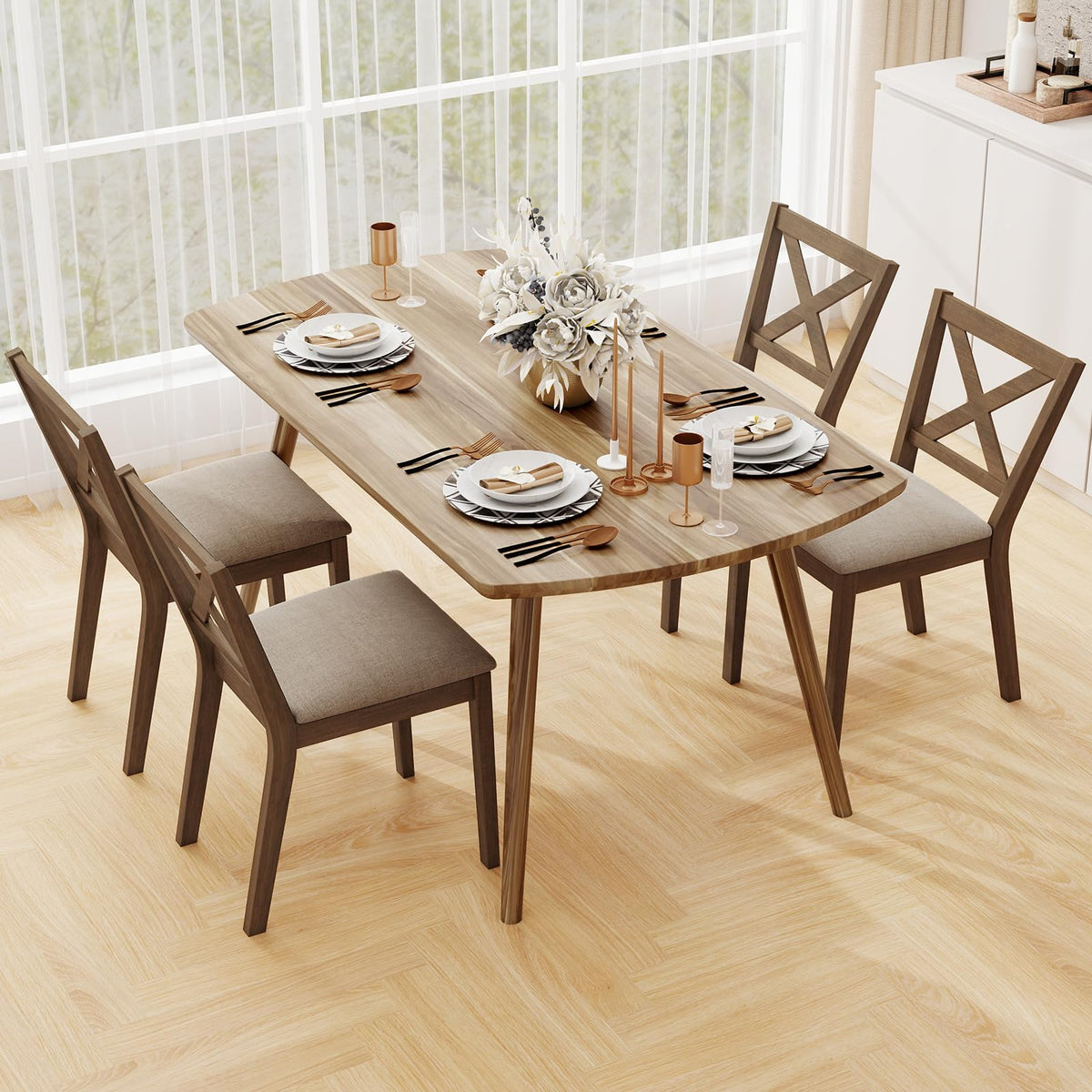 Goflame Wooden Dining Chairs Set of 2/4 with Rubber Wood Legs, Fabric Padded Seat Cross Back