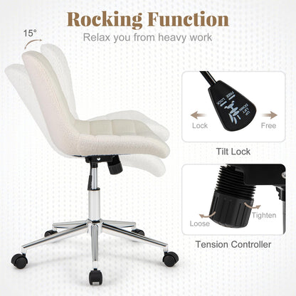 Goflame Armless Office Chair, Modern Faux Fur White Vanity Chair with Wheels & Adjustable Height