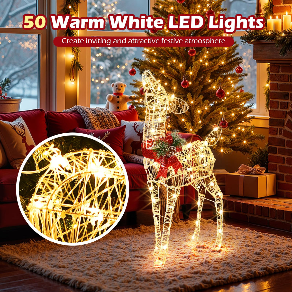 Goflame Christmas Pre-Lit Reindeer, Lighted Baby Deer w/ 50 Warm White LED Lights & Red Bow