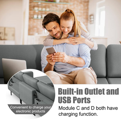 Goflame 4 Seat Convertible Sofa Couch, 123" L Sectional Sleeper with 2 or 1 USB Ports Socket