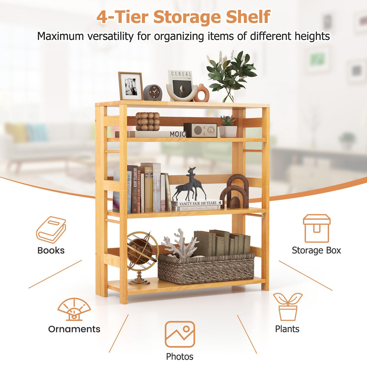 Goflame 4-Tier Bookshelf, 34.5" Floor Storage Shelf w/Rubber Wood Frame, Anti-Toppling Kits, Side Fences